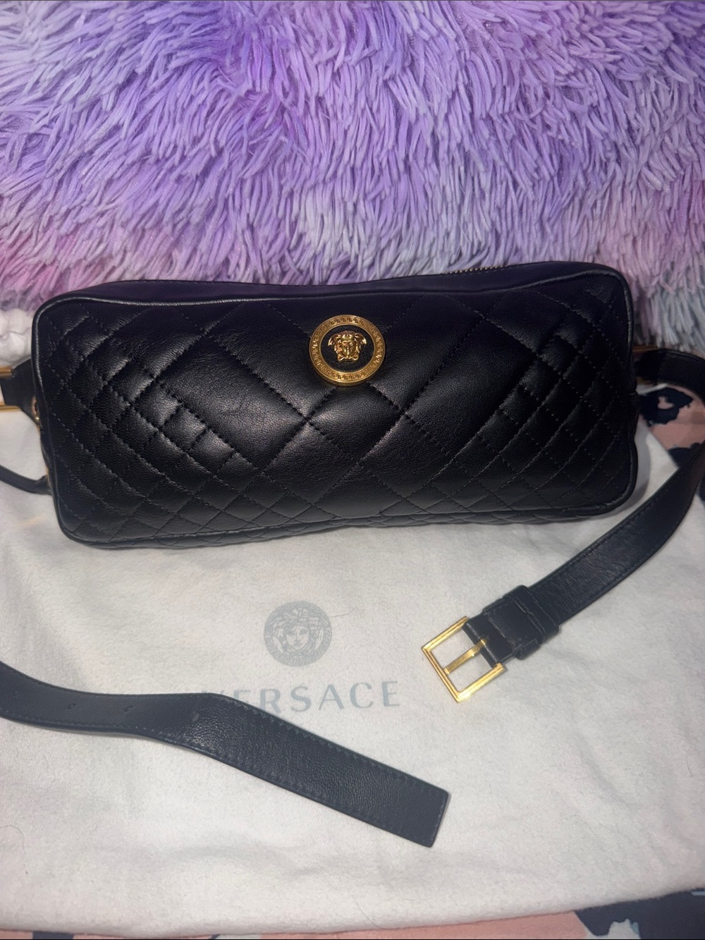 Versace Black Quilted Leather Medusa Belt Bag / Waist Bag